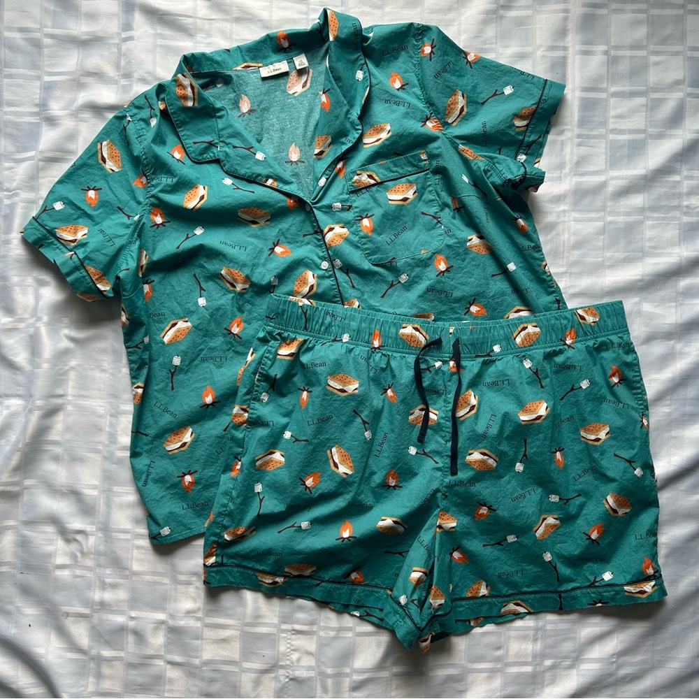 L.L. Bean Teal Pajama Set with Orange and White Accents